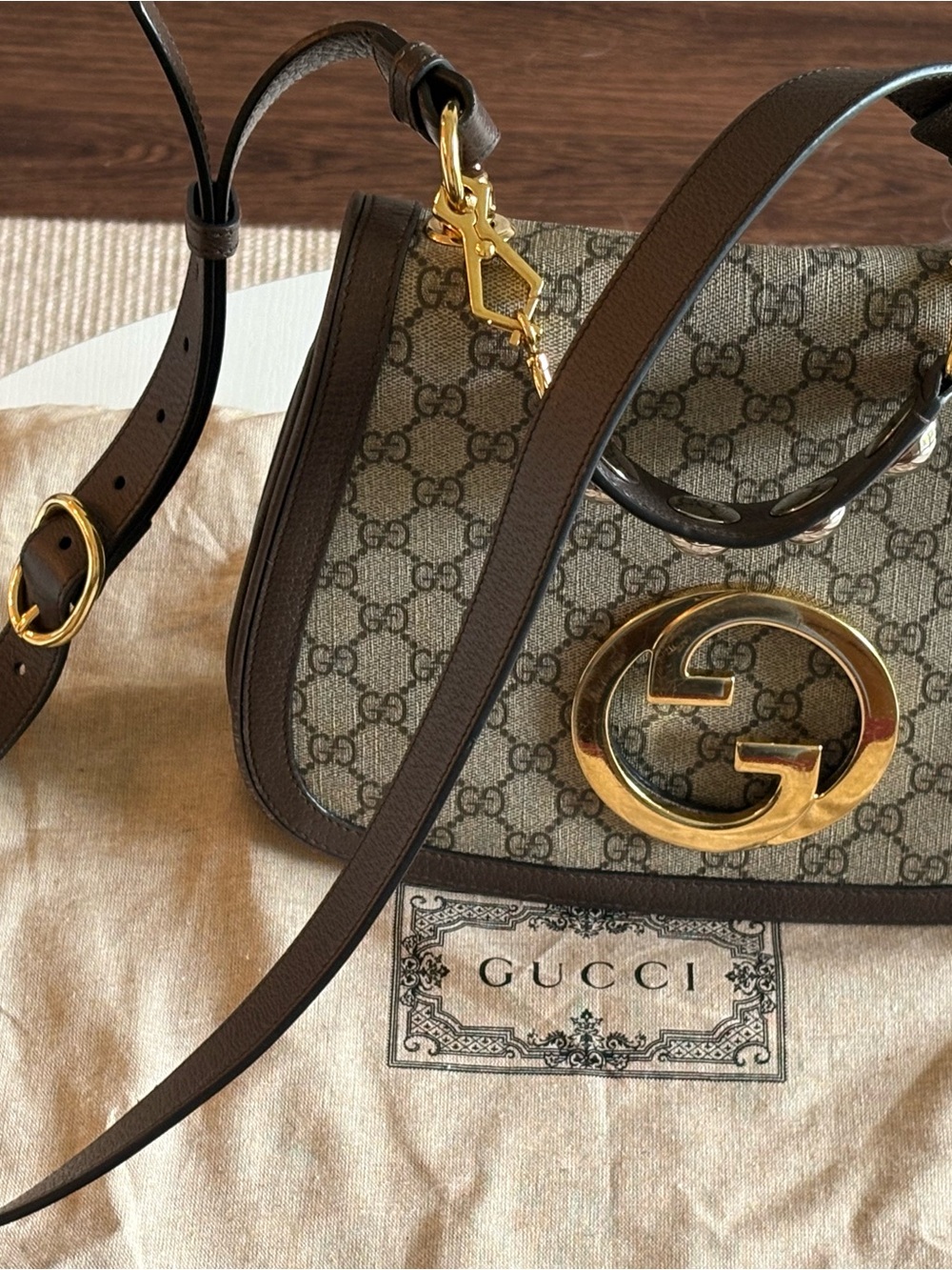 Gucci Brown GG Canvas Shoulder Bag with Gold Double G